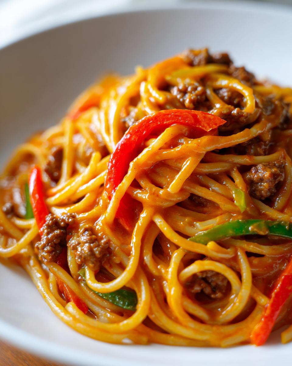Nahaufnahme von cremiger Pasta mit Paprika-Sahne und Hackfleisch in einer weißen Schale.