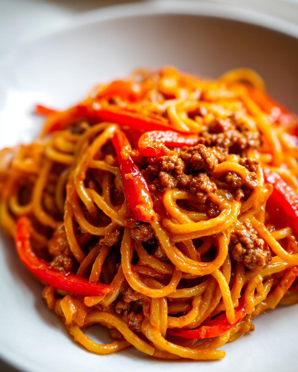 Nahaufnahme von saftigen Spaghetti mit cremiger Sauce, Hackfleisch und leuchtend roten Paprikastreifen: Pasta mit Paprika-Sahne und Hackfleisch.