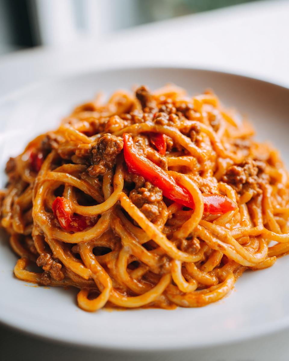 Ein Teller Pasta mit Paprika-Sahne und Hackfleisch, schön cremig und mit roten Paprikastreifen.