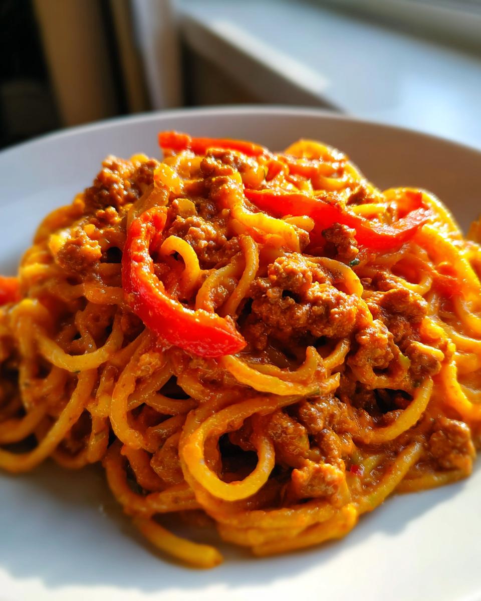 Nahaufnahme von Pasta mit Paprika-Sahne und Hackfleisch in einer cremigen, rötlichen Sauce auf einem weißen Teller.