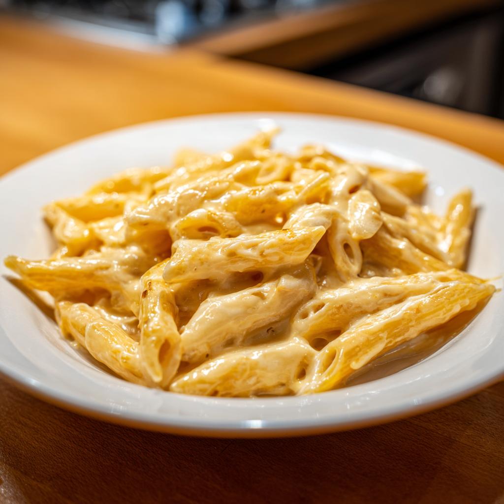 Nahaufnahme von Penne Pasta, üppig bedeckt mit einer cremigen Pasta mit Schmelzkäse-Sauce in einem weißen Teller.