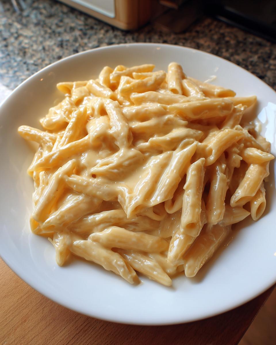 Nahaufnahme von Penne Pasta, üppig bedeckt mit cremiger Pasta mit Schmelzkäse-Sauce in einem weißen Teller.