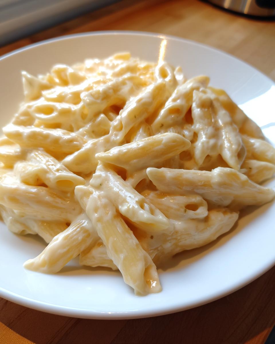 Nahaufnahme von Penne Pasta, die reichlich mit cremiger Pasta mit Schmelzkäse-Sauce überzogen ist.