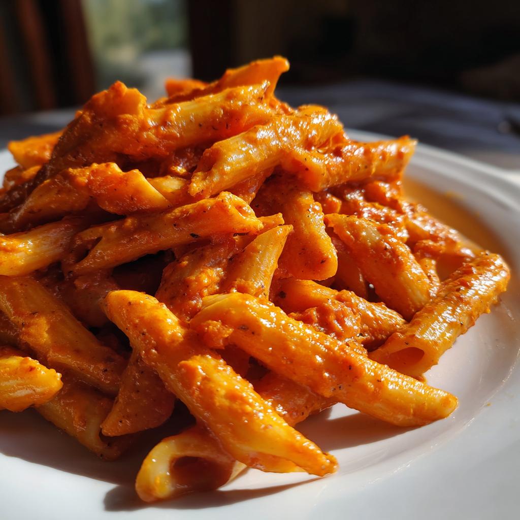 Nahaufnahme von Penne Pasta mit cremiger Pasta mit Tomaten-Frischkäse Soße auf einem weißen Teller.