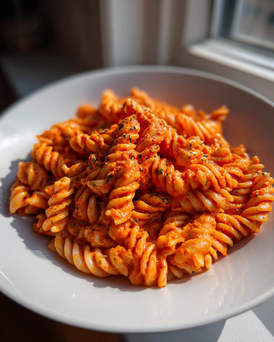 Teller mit leuchtend oranger Pasta mit Tomatenpesto und Sahne, bestreut mit Kräutern.