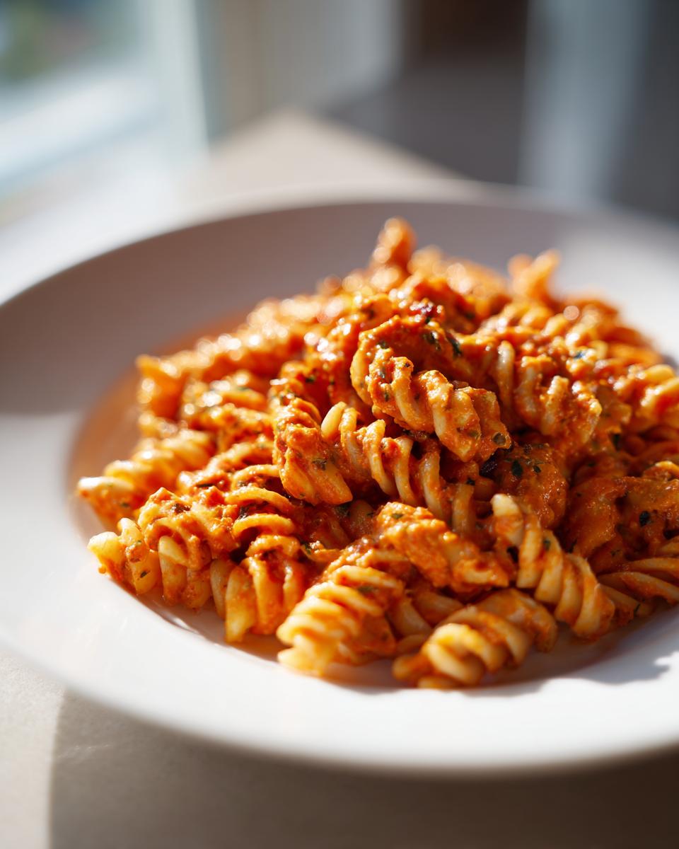 Nahaufnahme von cremiger Pasta mit Tomatenpesto und Sahne, serviert auf einem weißen Teller im Sonnenlicht.