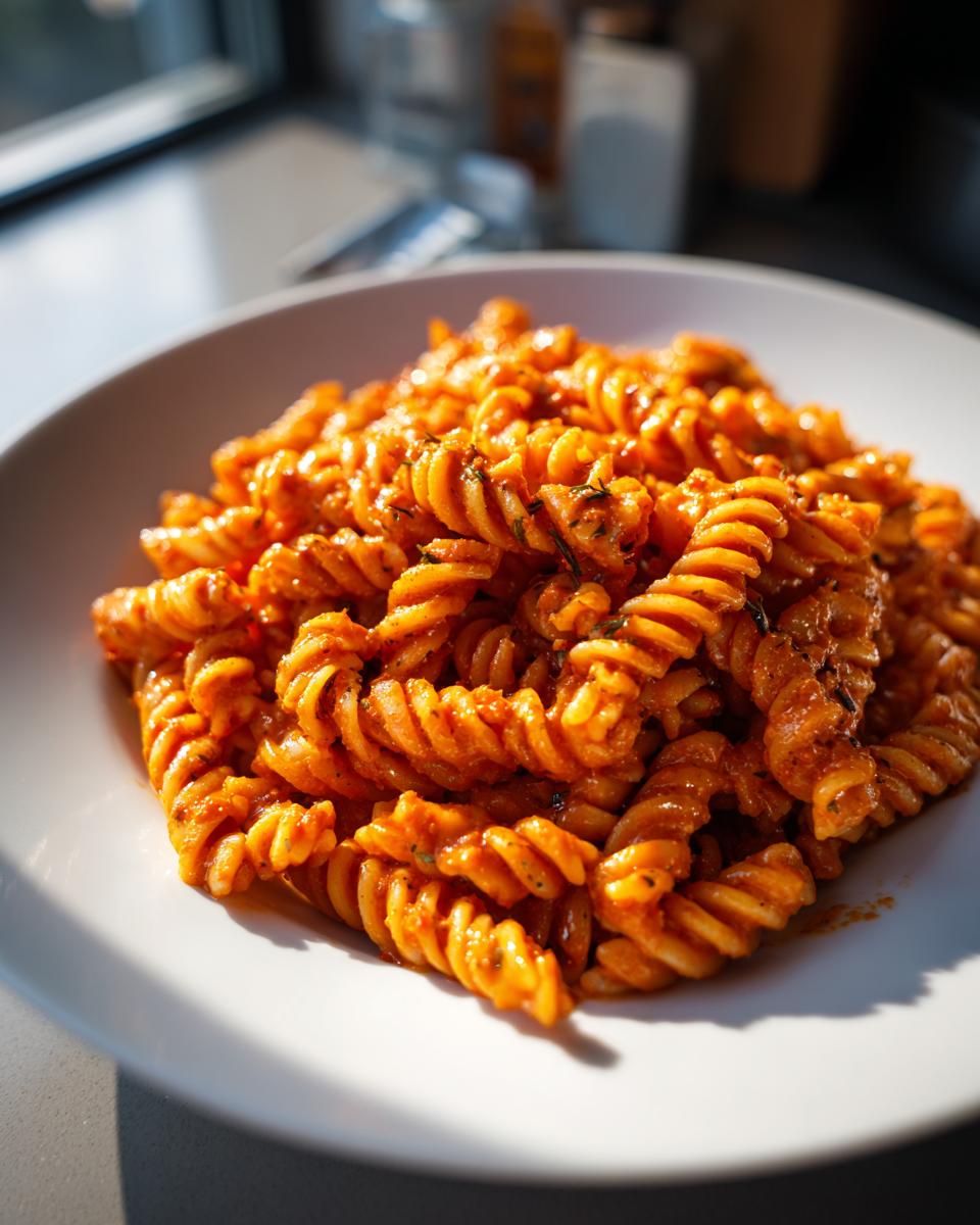 Nahaufnahme von leckeren Fusilli in cremiger Pasta mit Tomatenpesto und Sahne auf einem weißen Teller.