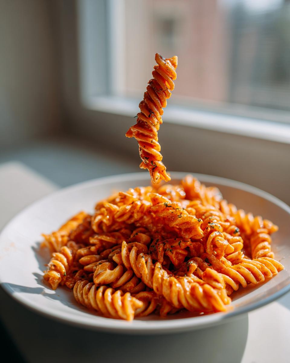 Nahaufnahme von Pasta mit Tomatenpesto und Sahne, wobei eine einzelne Spirale in die Höhe gezogen wird.