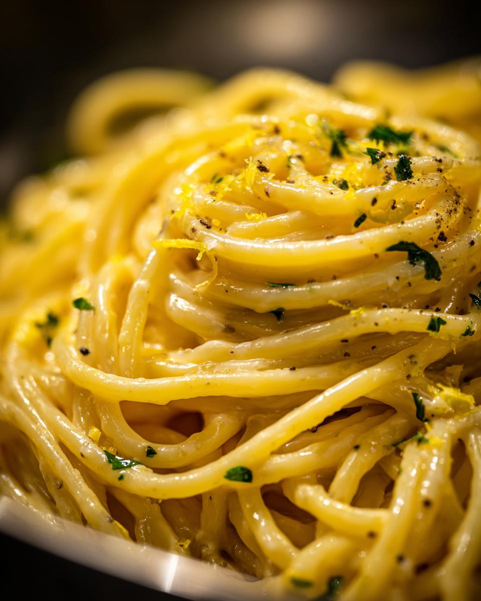 Nahaufnahme von cremiger Pasta mit Zitronen-Frischkäse, garniert mit Zitronenabrieb und Petersilie.