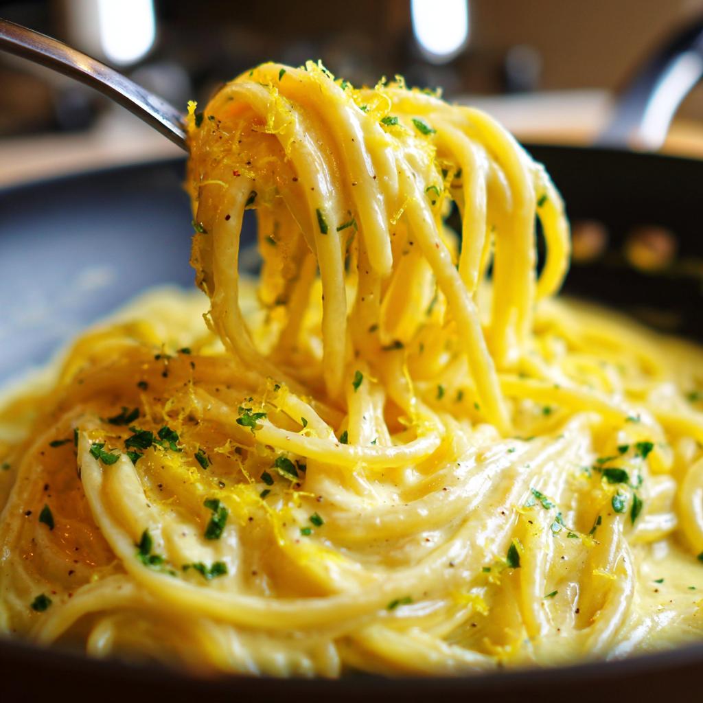 Nahaufnahme von Pasta mit Zitronen-Frischkäse, die mit einer Gabel hochgezogen wird, bestreut mit Zitronenabrieb.
