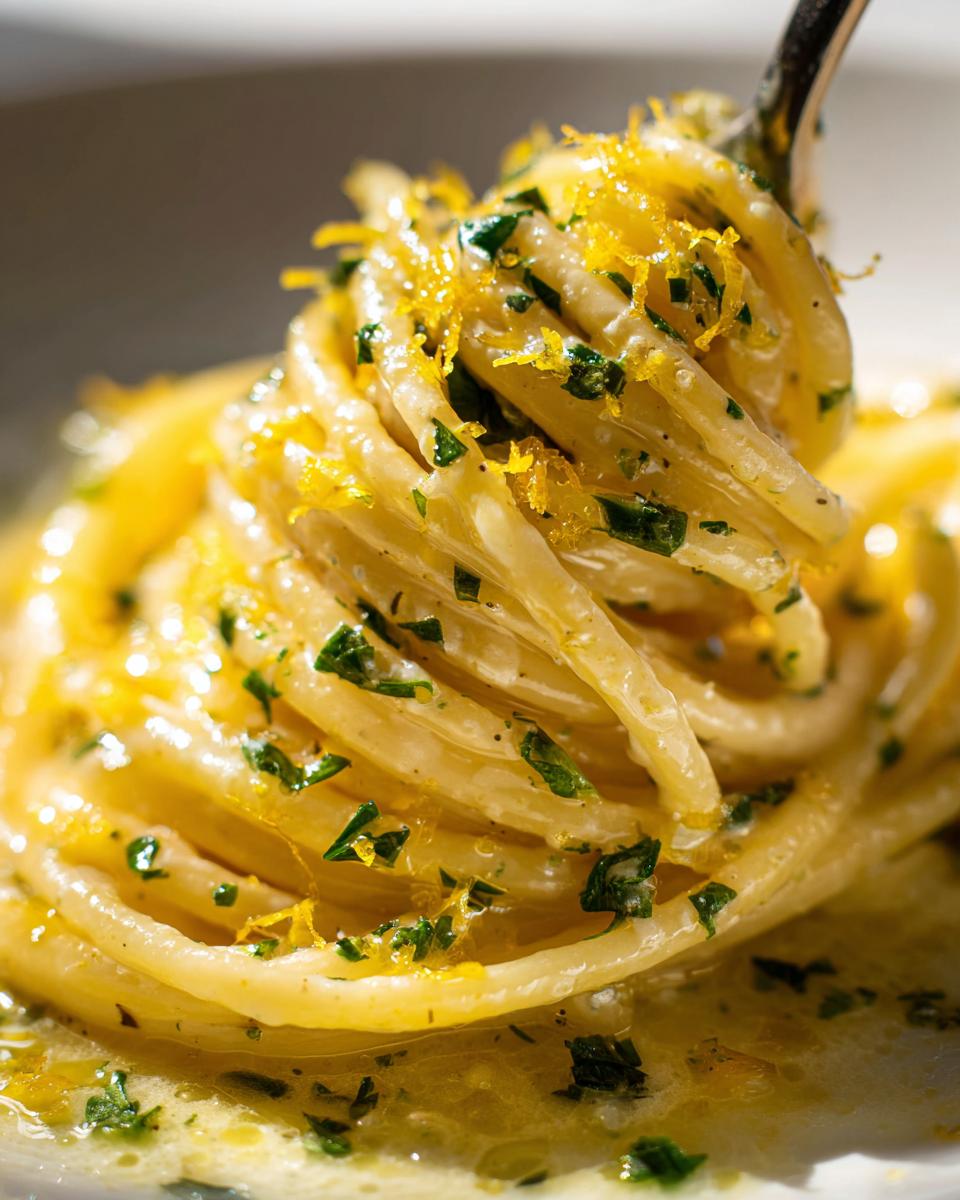 Nahaufnahme von Spaghetti, die auf einer Gabel aufgewickelt sind, bedeckt mit cremiger Sauce, Petersilie und viel Zitronenabrieb der Pasta mit Zitronen-Frischkäse.