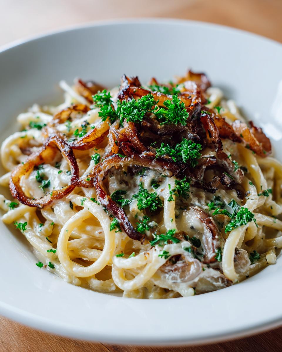 Nahaufnahme von Pasta mit Zwiebel-Sahnesauce, garniert mit knusprigen Röstzwiebeln und Petersilie.