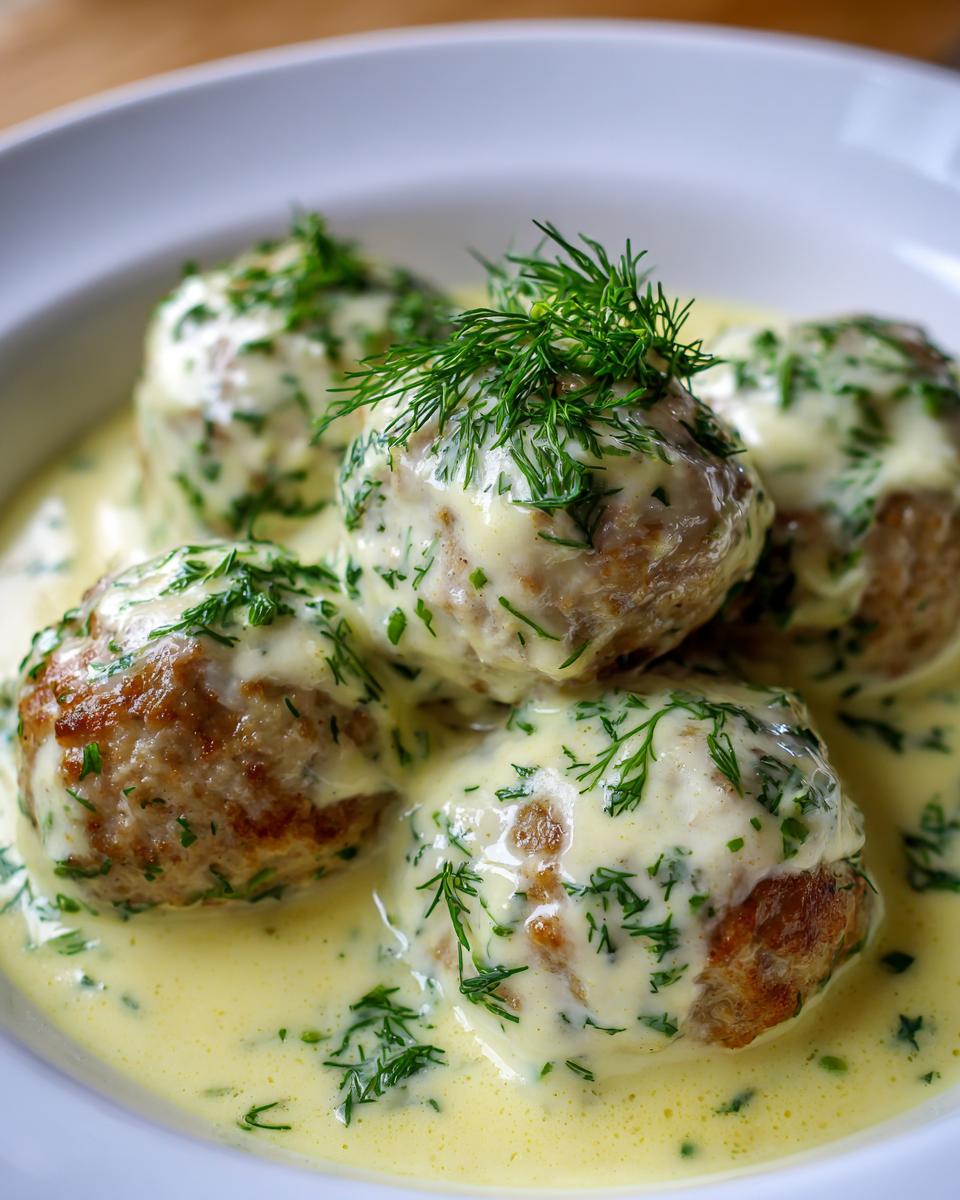 Fünf saftige Polnische Hackbällchen in Dillsauce, üppig mit frischem Dill garniert.