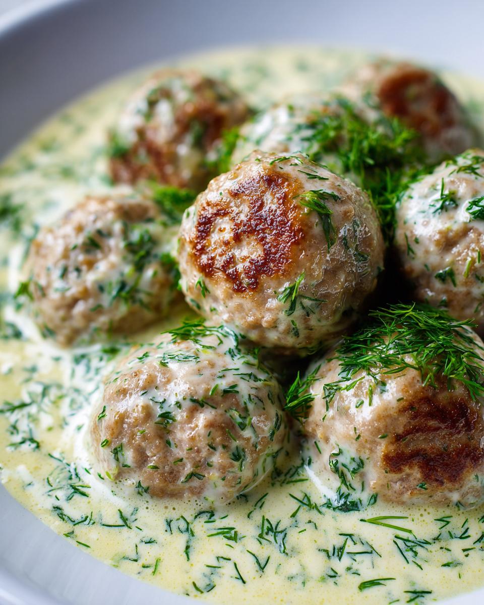 Mehrere saftige Polnische Hackbällchen in cremiger, heller Dillsauce, reichlich mit frischem Dill garniert.