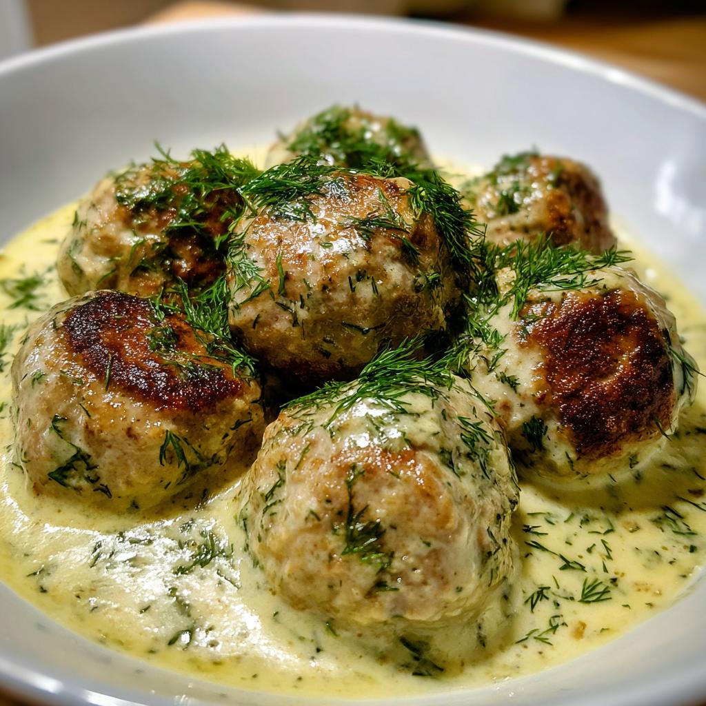 Nahaufnahme von saftigen Polnische Hackbällchen in cremiger Dillsauce, reichlich mit frischem Dill garniert.
