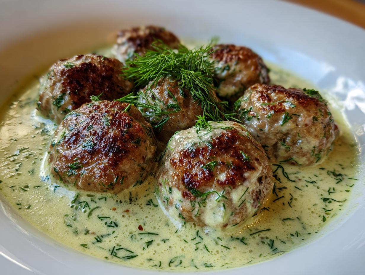 Fünf saftige Polnische Hackbällchen in cremiger, heller Dillsauce, garniert mit frischem Dill.