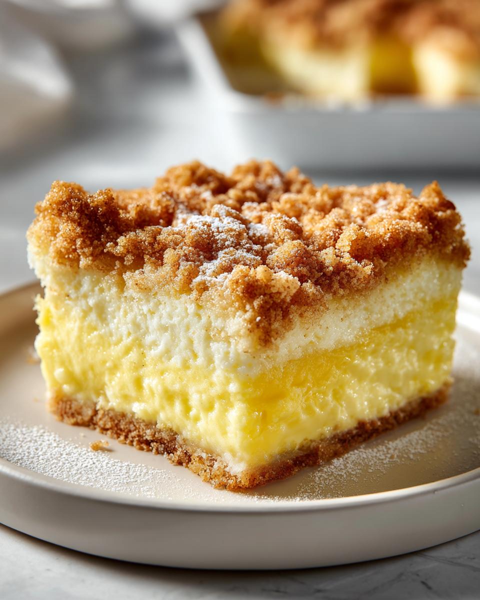 Ein saftiges Stück Puddingstreusel-Auflauf mit dicker Puddingfüllung und knusprigen Streuseln.