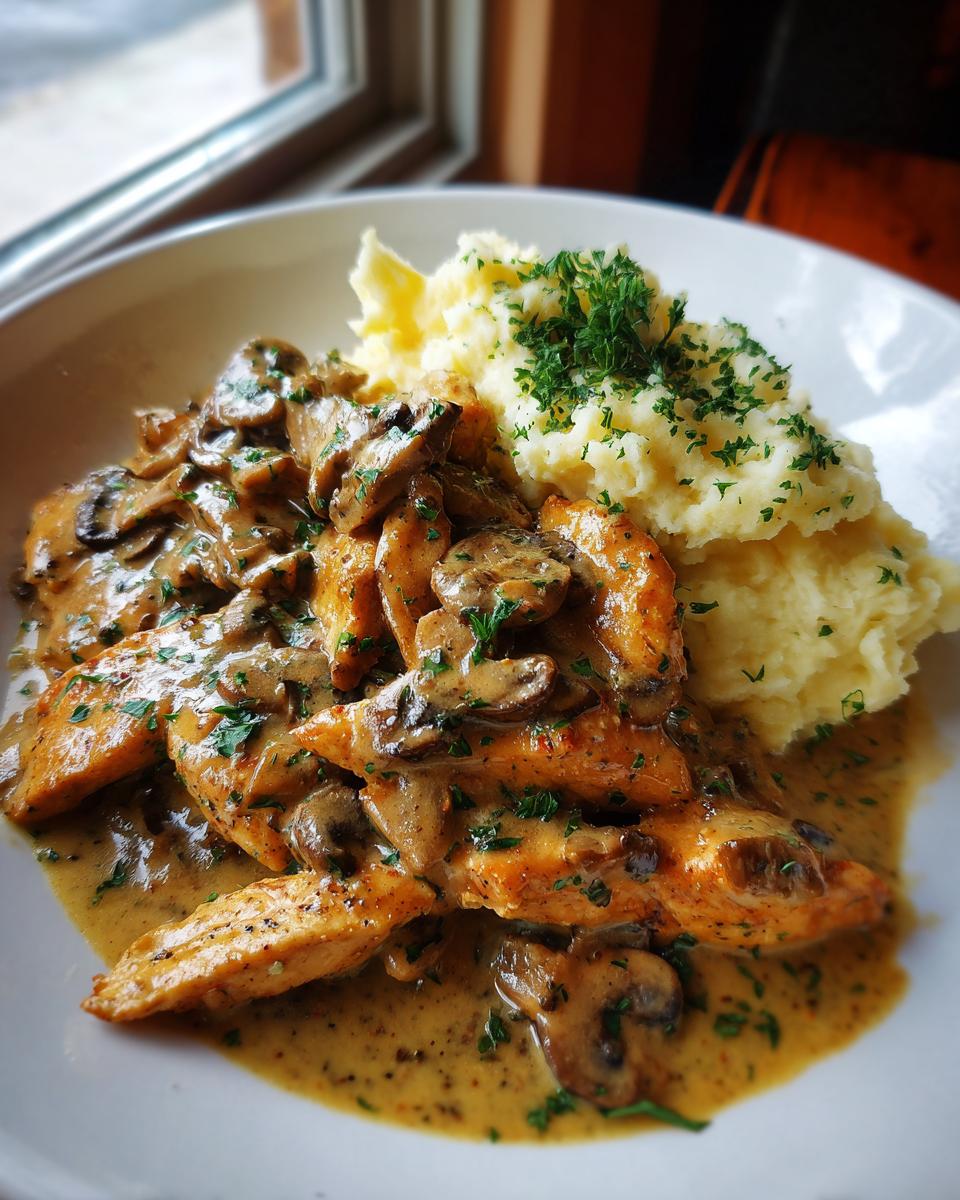 Teller mit saftigem Putengeschnetzeltes in Champignonrahm und cremigem Kartoffelpüree, garniert mit Petersilie.