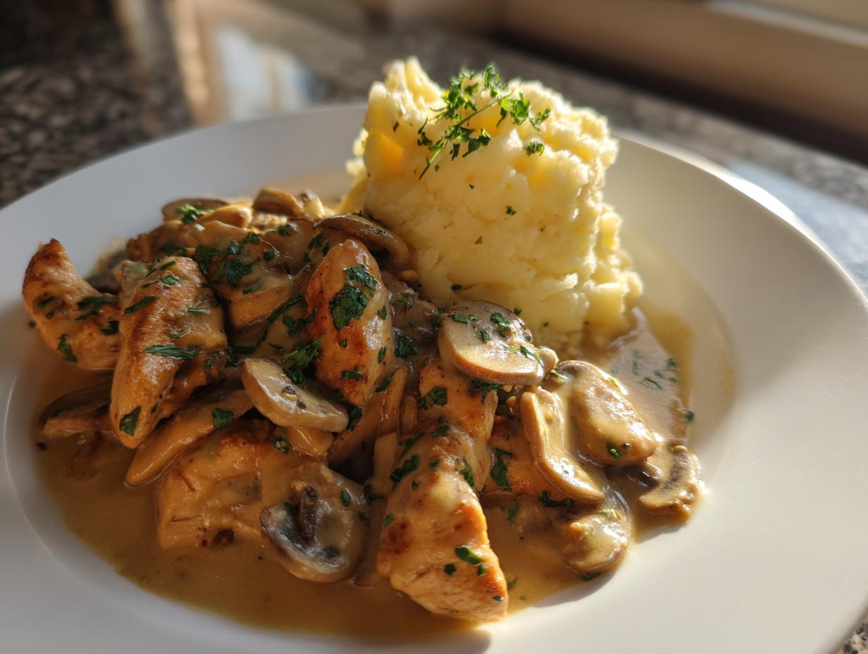 Teller mit Putengeschnetzeltes in Champignonrahm und einer Portion cremigen Kartoffelpüree, garniert mit Petersilie.