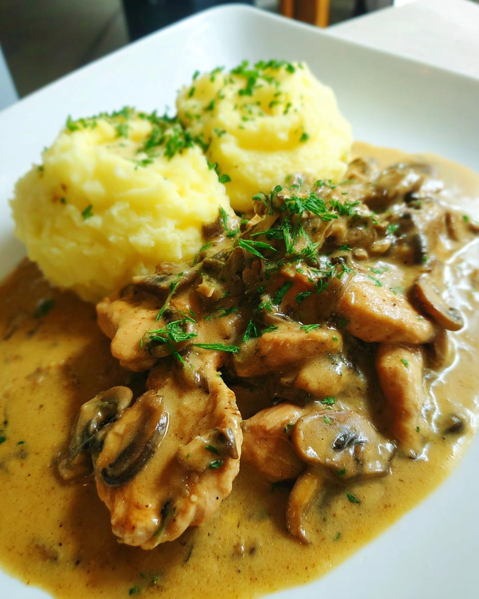 Nahaufnahme von Putengeschnetzeltes in Champignonrahm mit zwei Portionen Kartoffelpüree, garniert mit Petersilie.