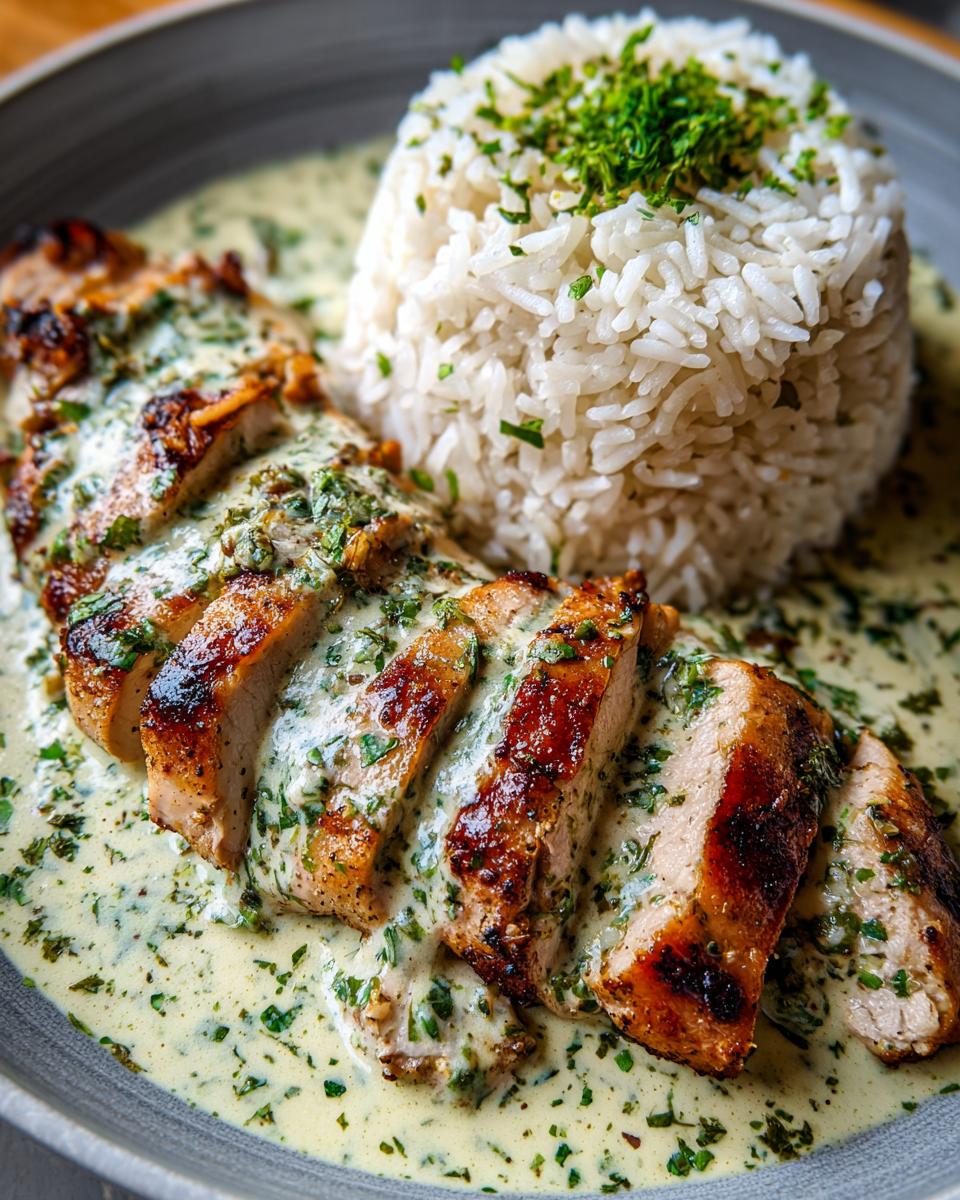 Aufgeschnittenes Putengeschnetzeltes in cremiger Kräuterrahmsoße neben einem geformten Reisbällchen.