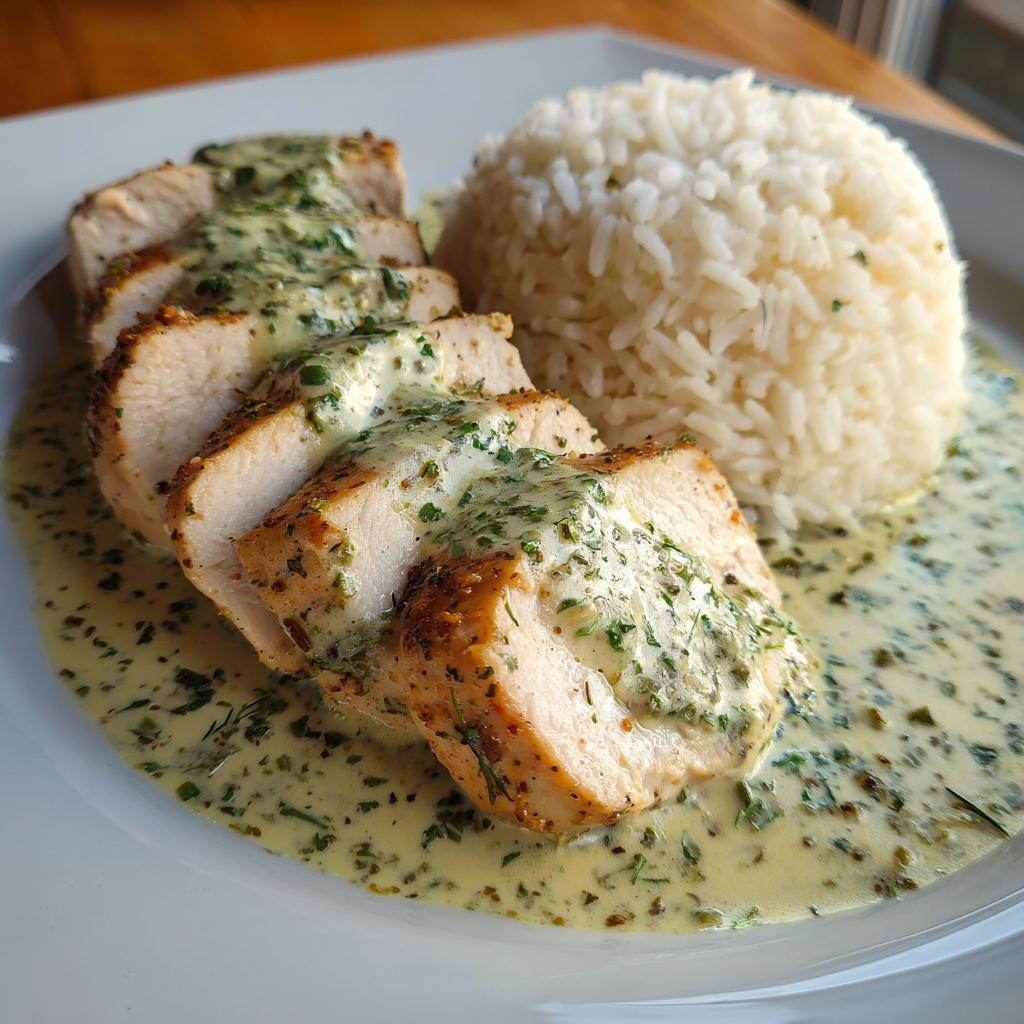 Aufgeschnittenes Putengeschnetzeltes in cremiger Kräuterrahmsoße neben lockerem Reis.