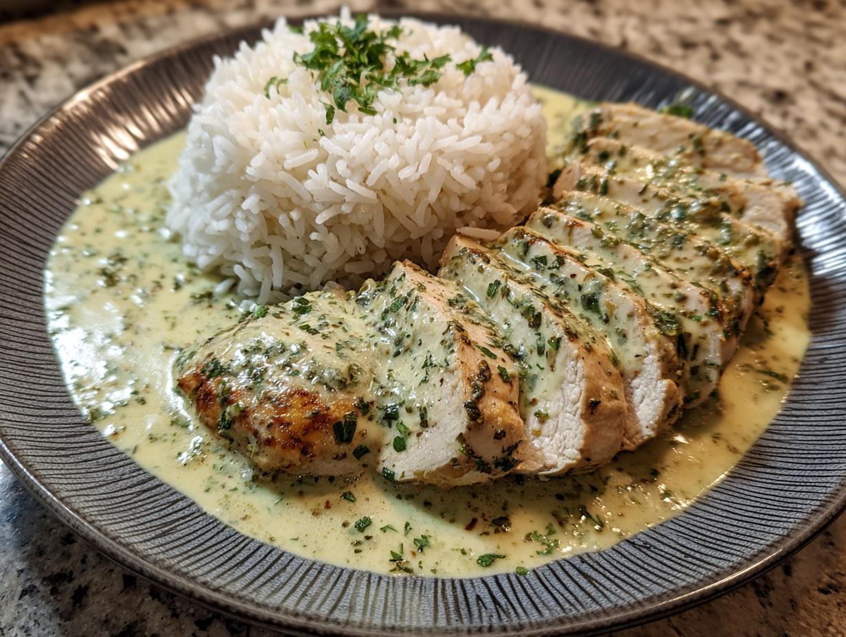 Geschnittenes Putengeschnetzeltes in cremiger Kräutersoße mit Reis auf einem dunklen Teller.