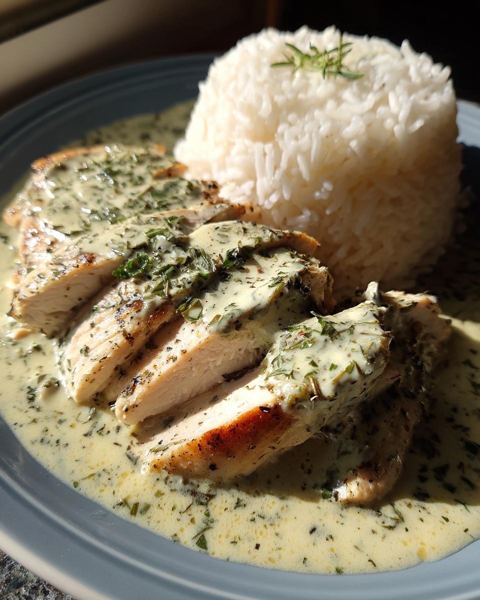 Geschnittenes Putengeschnetzeltes in cremiger Kräuterrahmsoße mit einem Berg Reis auf einem blauen Teller.