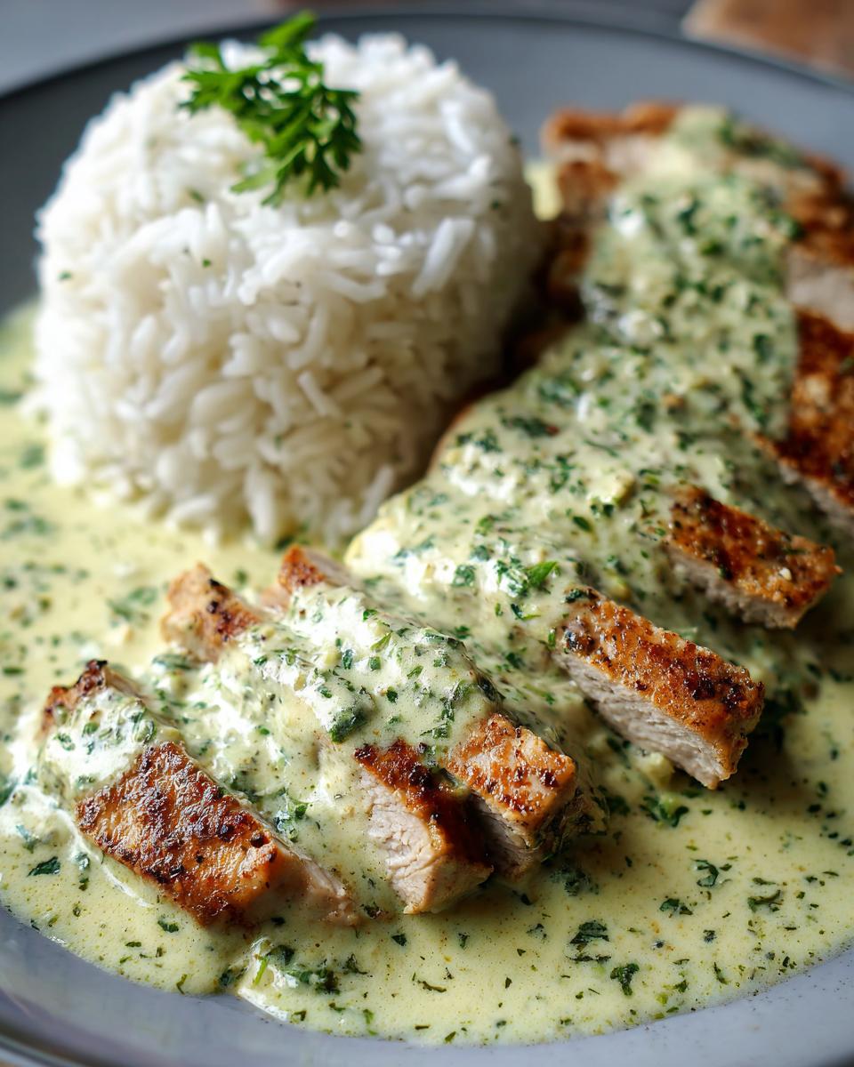 Anschnitt vom Putengeschnetzeltes in Kräuterrahm mit lockerem Reis auf einem Teller.