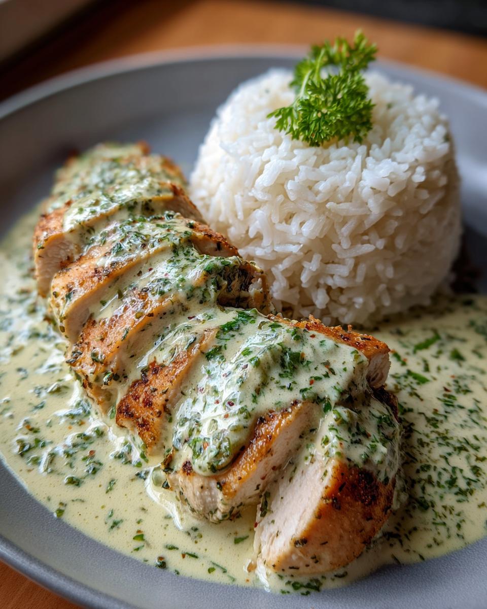 Aufgeschnittenes Putengeschnetzeltes in cremiger Kräutersoße mit Reis auf einem Teller.