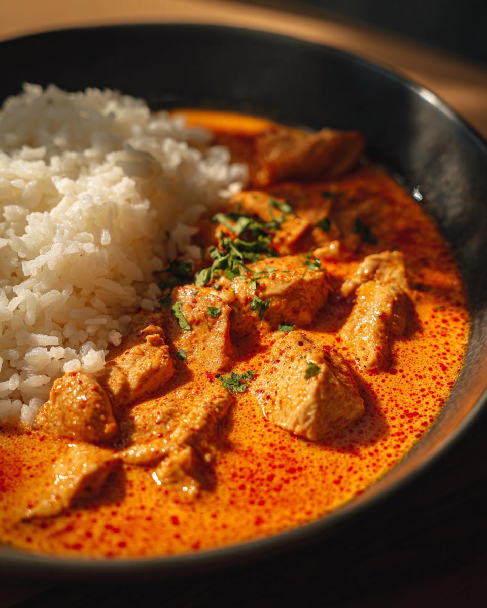 Nahaufnahme von saftigem Putengeschnetzeltes mit Paprikarahm und lockerem Reis in einer dunklen Schale.