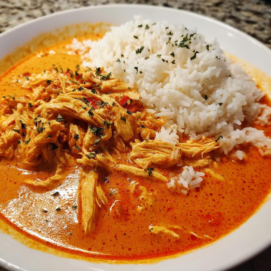 Teller mit cremigem Putengeschnetzeltes mit Paprikarahm und lockerem Reis, bestreut mit Petersilie.