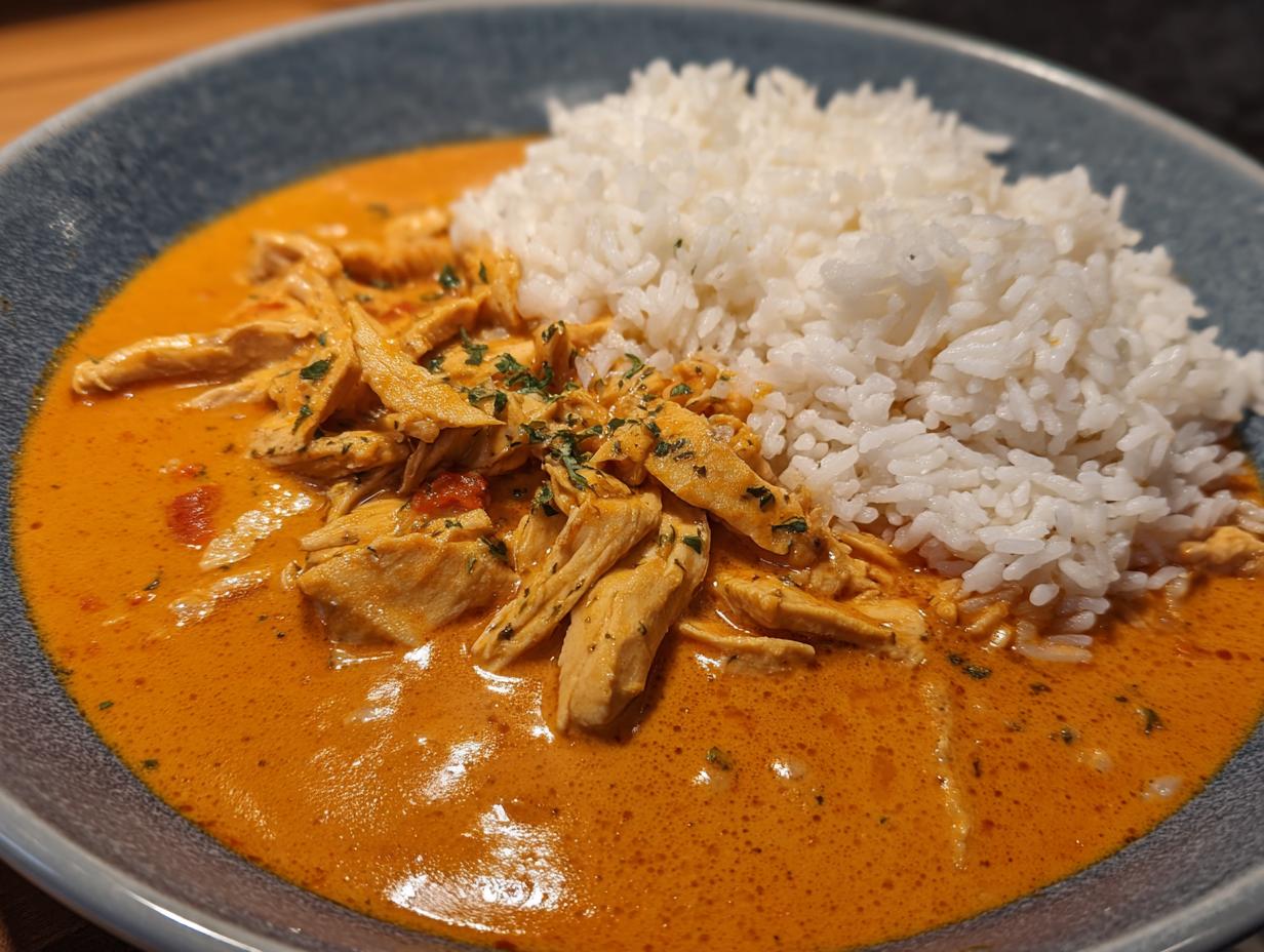 Nahaufnahme von cremigem Putengeschnetzeltes mit Paprikarahm und lockerem Reis in einer blauen Schale.