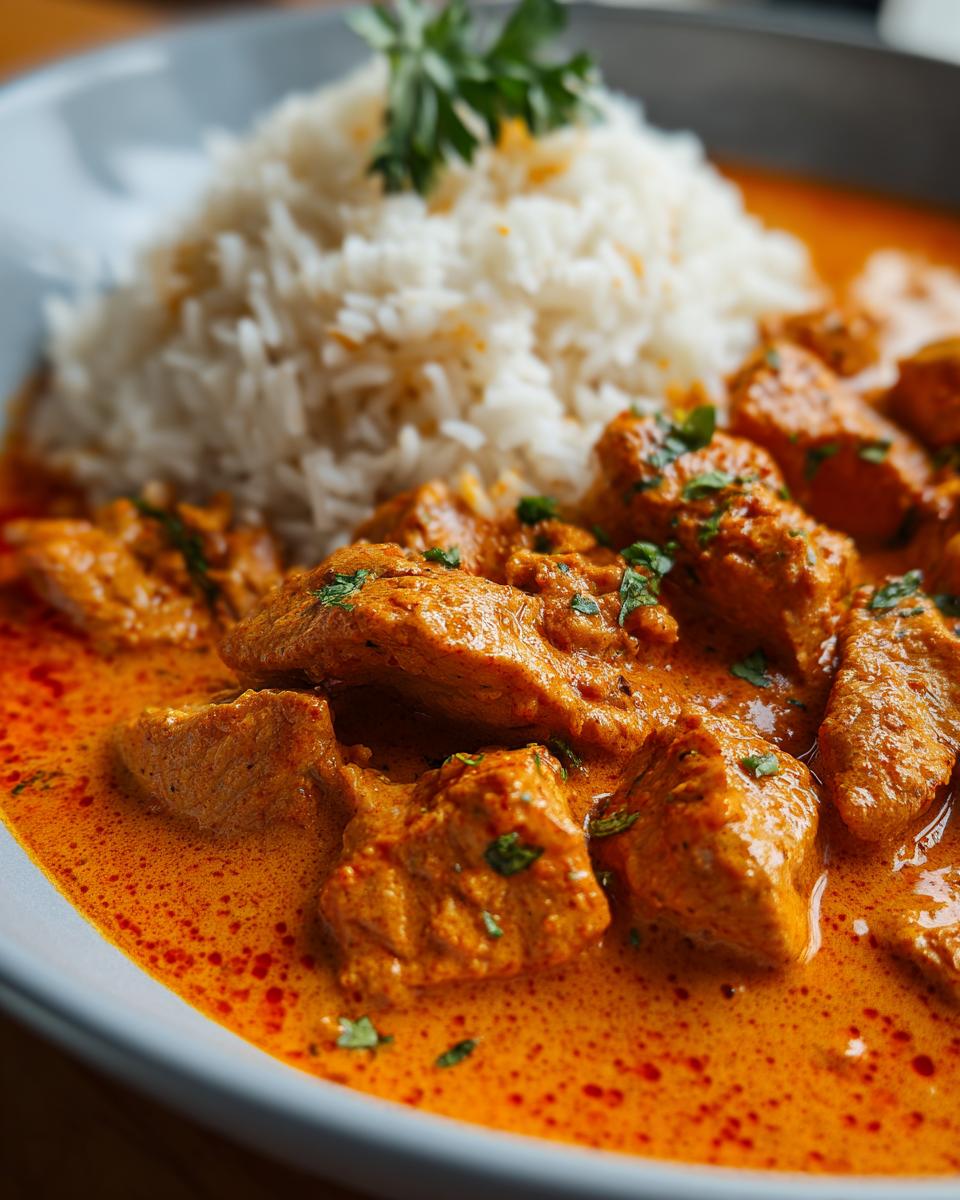 Nahaufnahme von saftigem Putengeschnetzeltes in cremiger Paprikarahmsoße mit lockerem Reis.