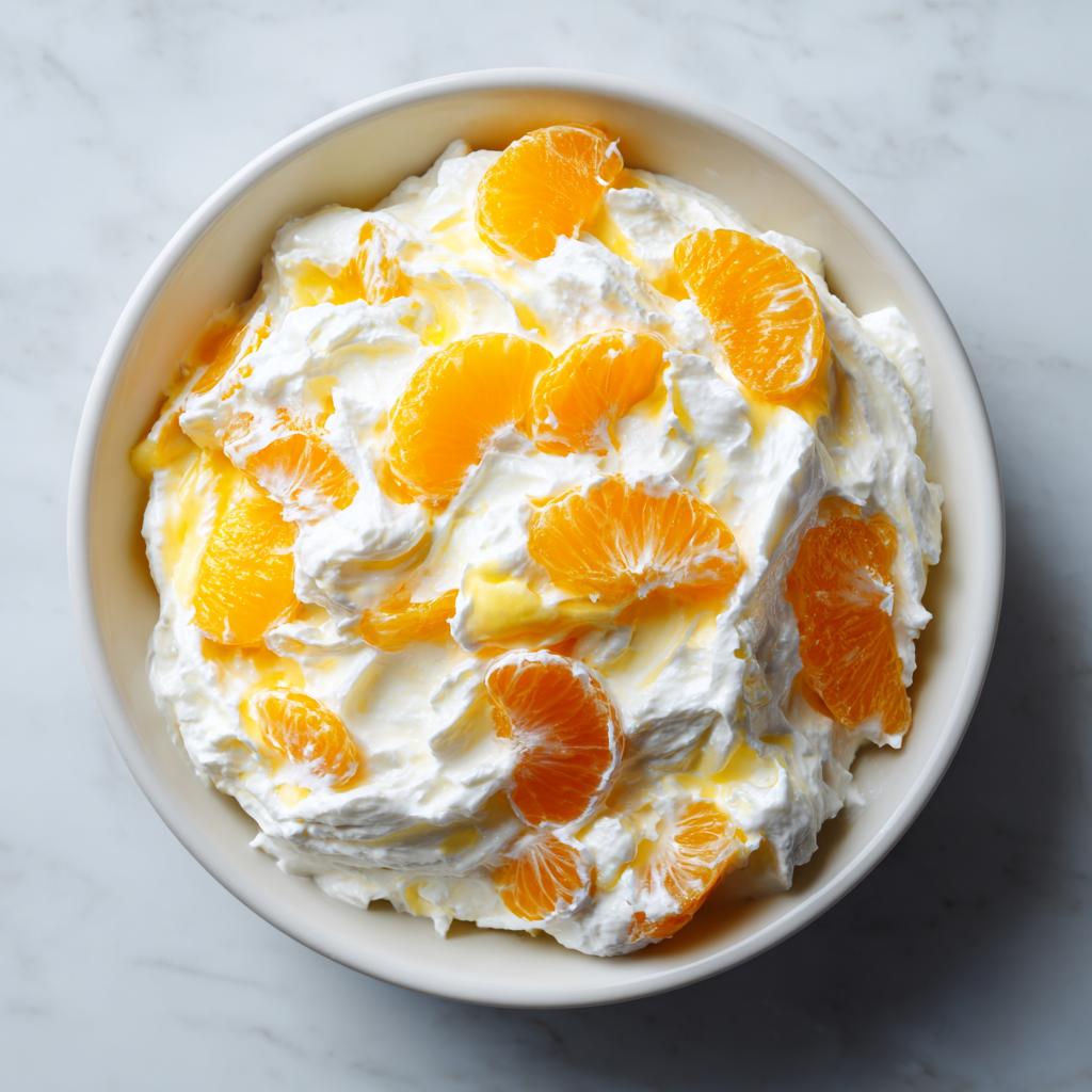 Nahaufnahme einer fluffigen Quarkspeise mit Mandarinenstücken und etwas Saft in einer weißen Schale.