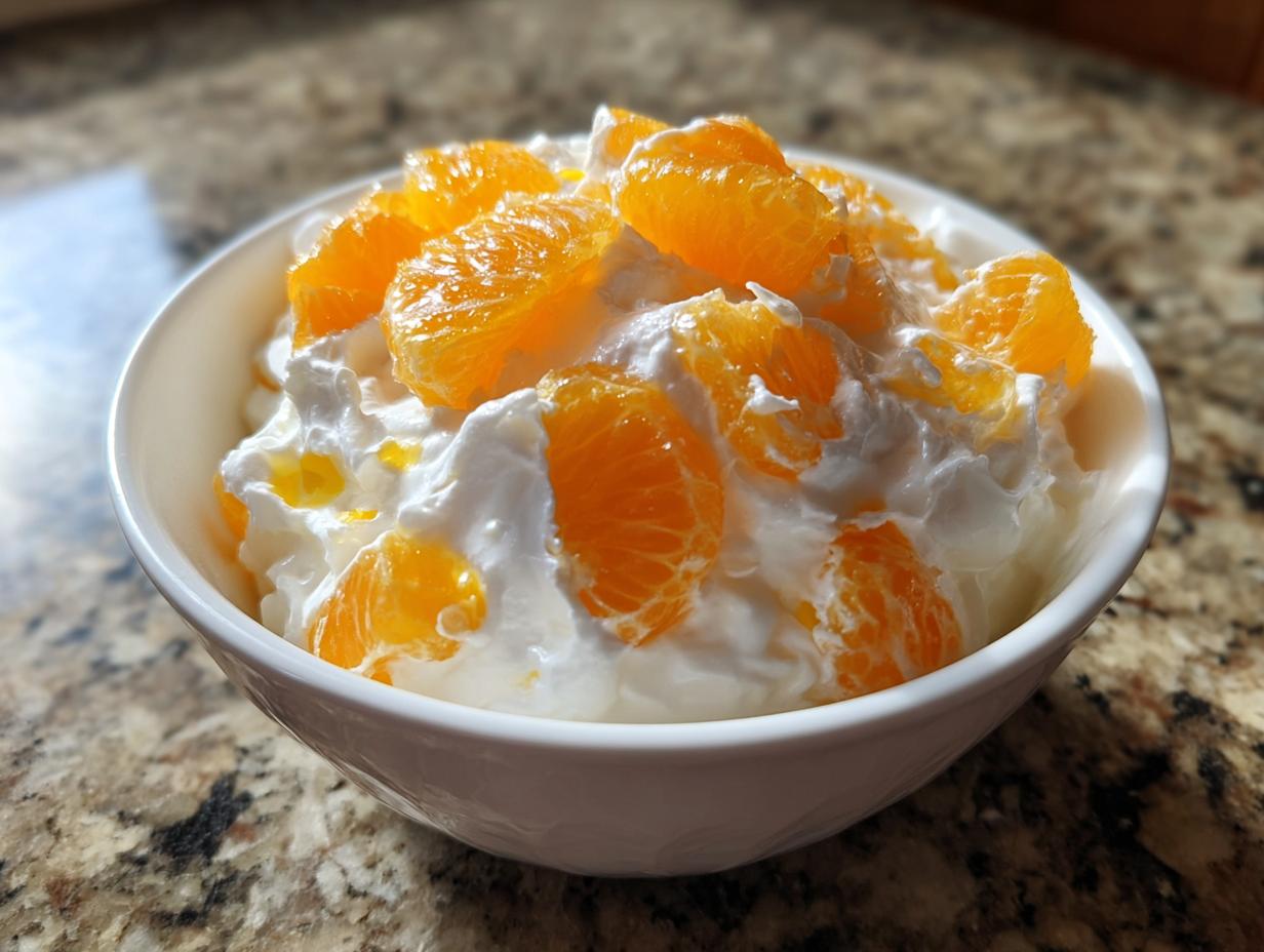 Nahaufnahme einer weißen Schale mit cremiger Quarkspeise mit Mandarinen-Segmenten.