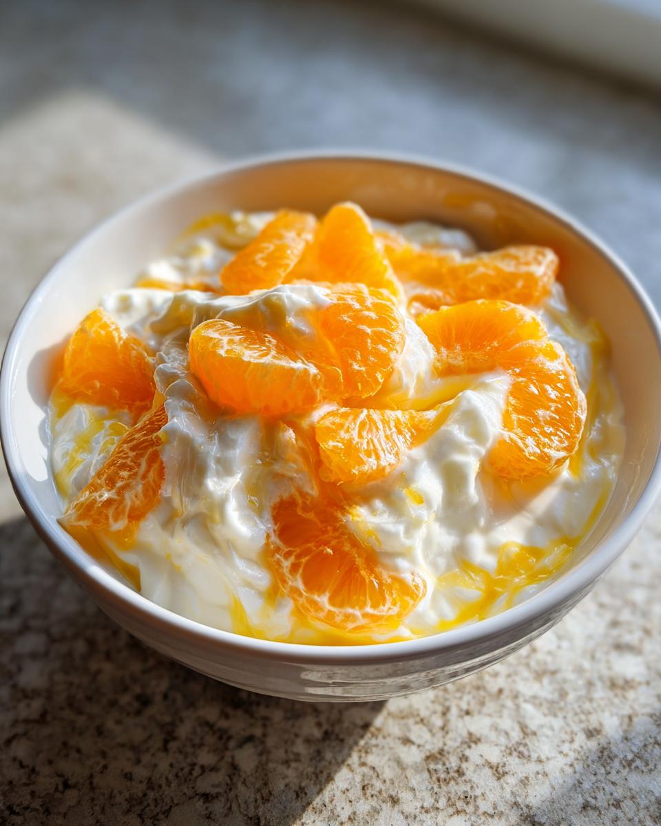 Nahaufnahme einer Schüssel mit cremiger Quarkspeise mit Mandarinen, perfekt für ein schnelles Dessert.