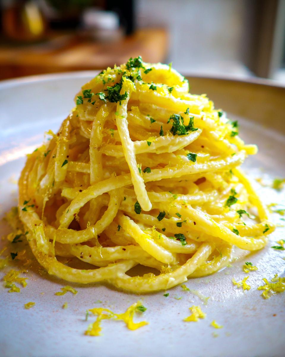 Nahaufnahme von cremiger Ricotta-Zitronen-Pasta, garniert mit frischer Petersilie und Zitronenabrieb.