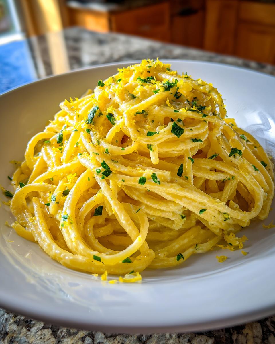 Nahaufnahme einer cremigen Ricotta-Zitronen-Pasta, garniert mit frischem Zitronenabrieb und Petersilie.