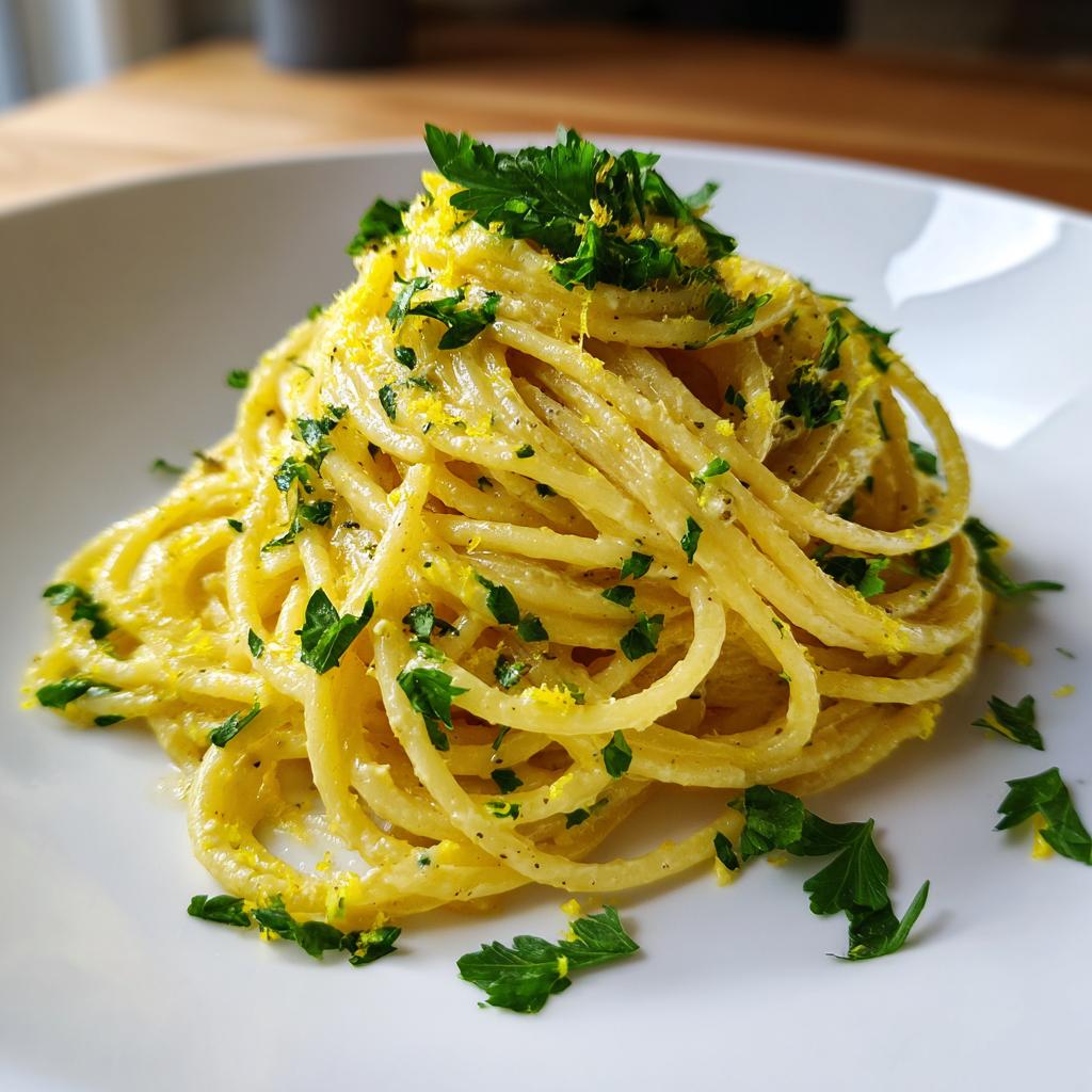Nahaufnahme von cremiger Ricotta-Zitronen-Pasta, garniert mit Zitronenabrieb und frischer Petersilie.