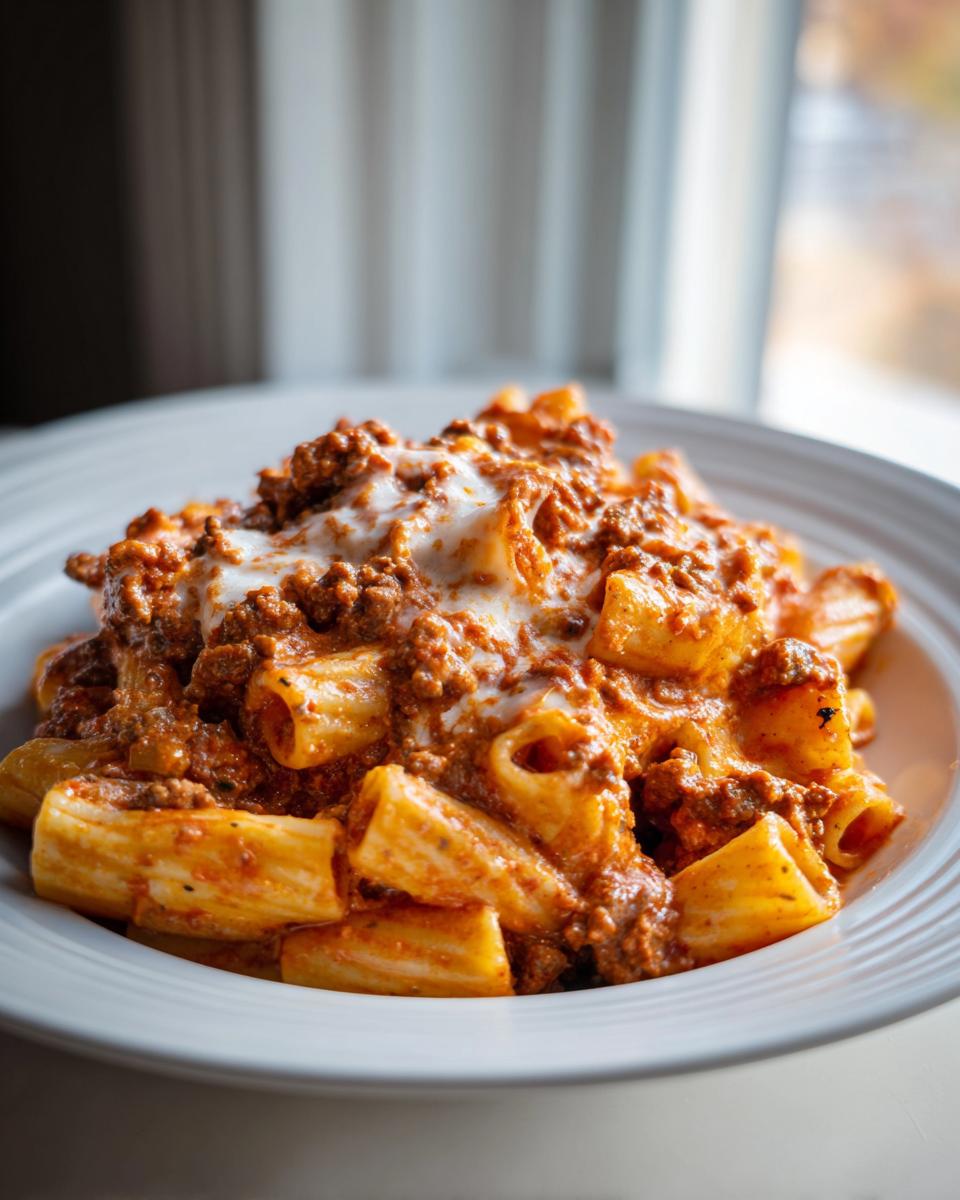 Ein Teller voller cremiger Rigatoni mit Hackfleisch und Schmand, bedeckt mit einer Schicht geschmolzenem Käse.