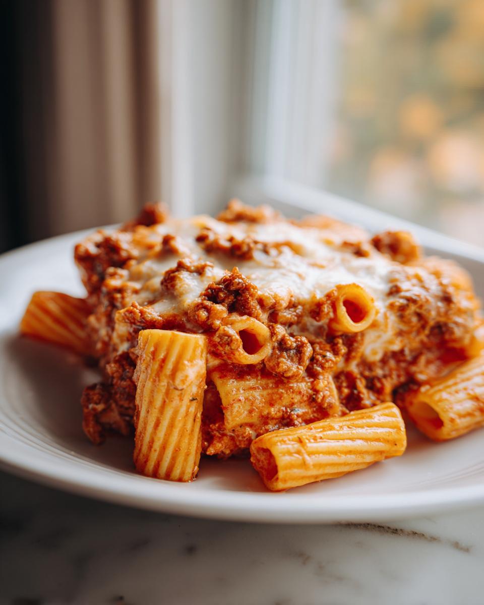 Nahaufnahme von cremigen Rigatoni mit Hackfleischsoße und geschmolzenem Käse – Rigatoni mit Hackfleisch und Schmand.