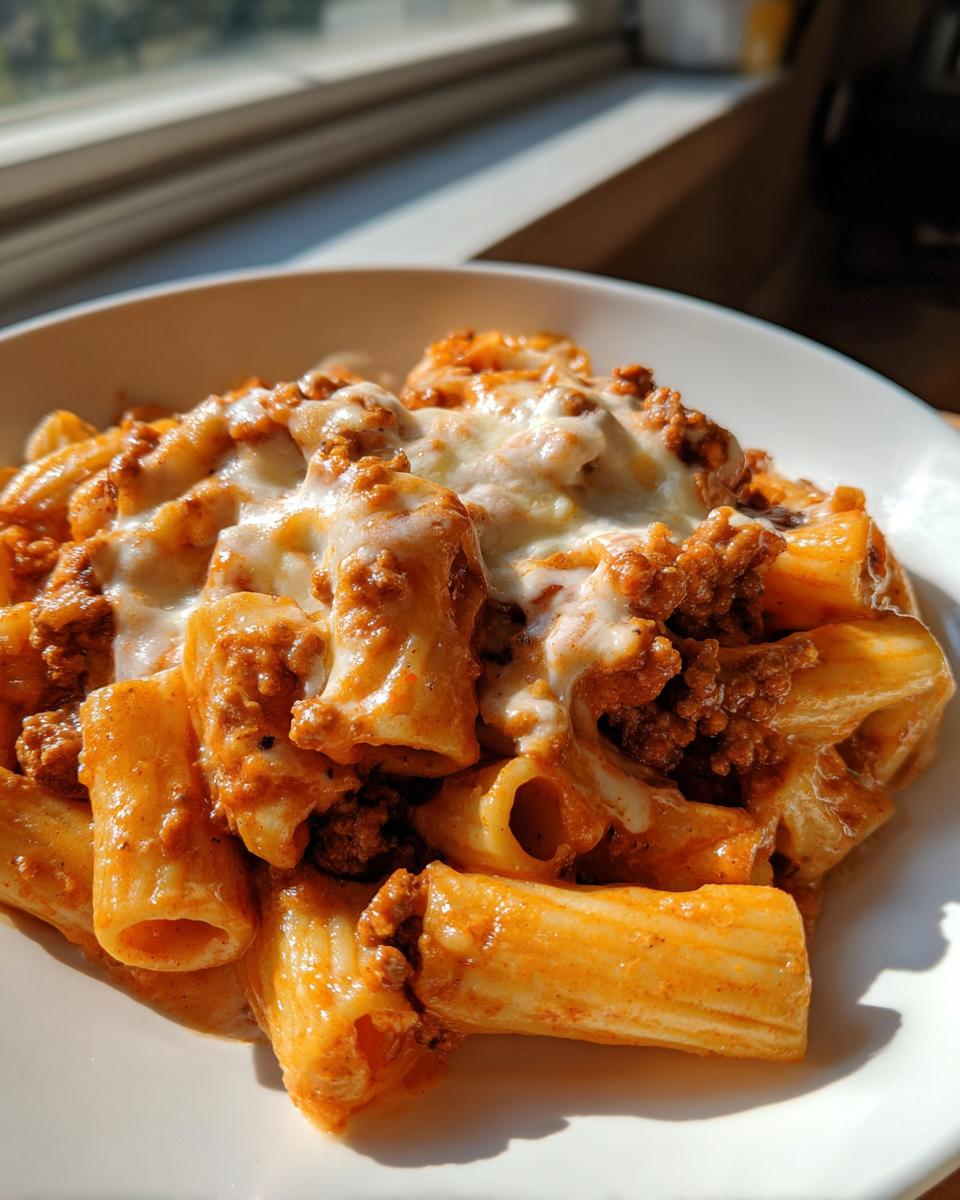Nahaufnahme von Rigatoni mit Hackfleischsauce und geschmolzenem Käse, ein köstliches Rigatoni mit Hackfleisch und Schmand.