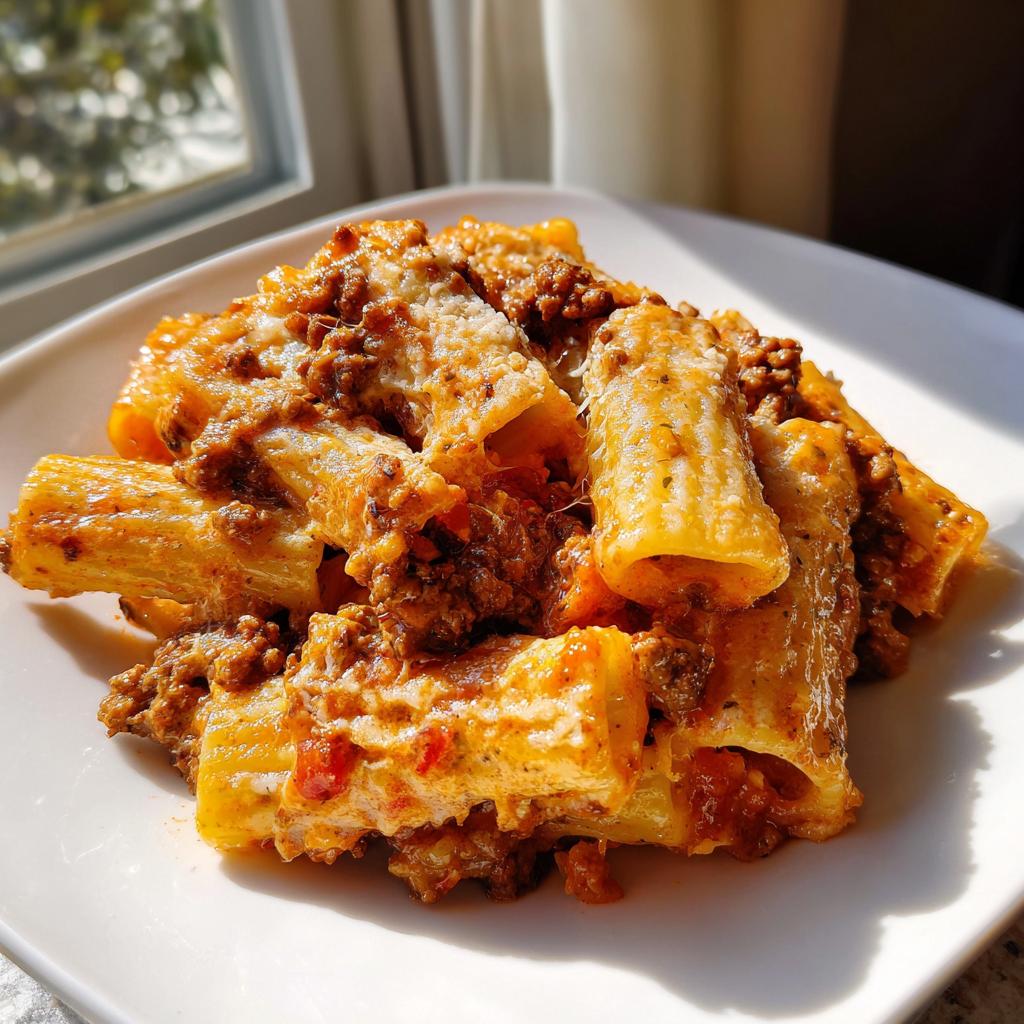 Eine Portion cremiger Rigatoni mit Hackfleisch und Schmand, bestreut mit Parmesan, auf einem weißen Teller.