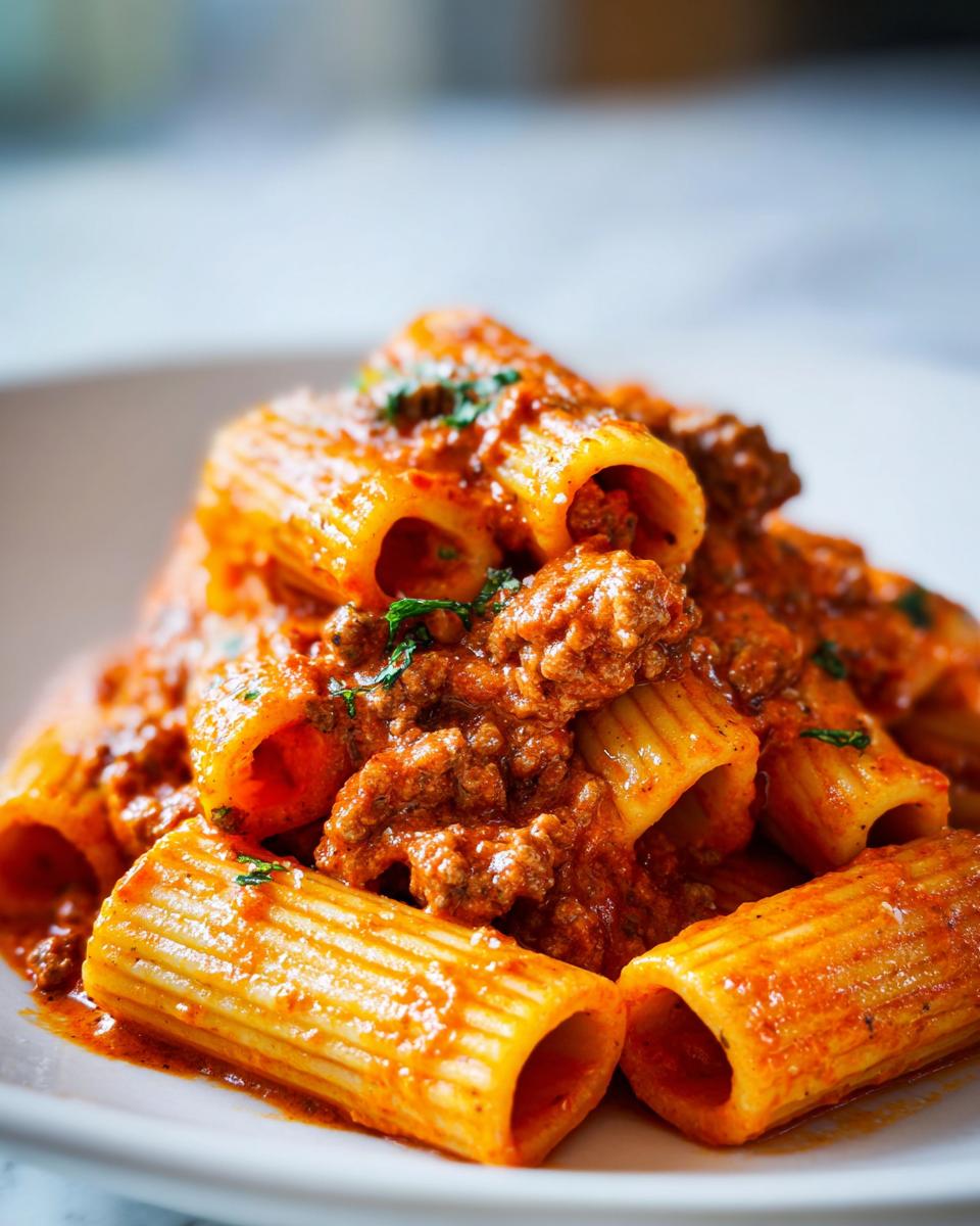 Nahaufnahme von Rigatoni mit Hackfleisch und Tomaten-Sahne, üppig bedeckt mit leuchtend roter Soße.