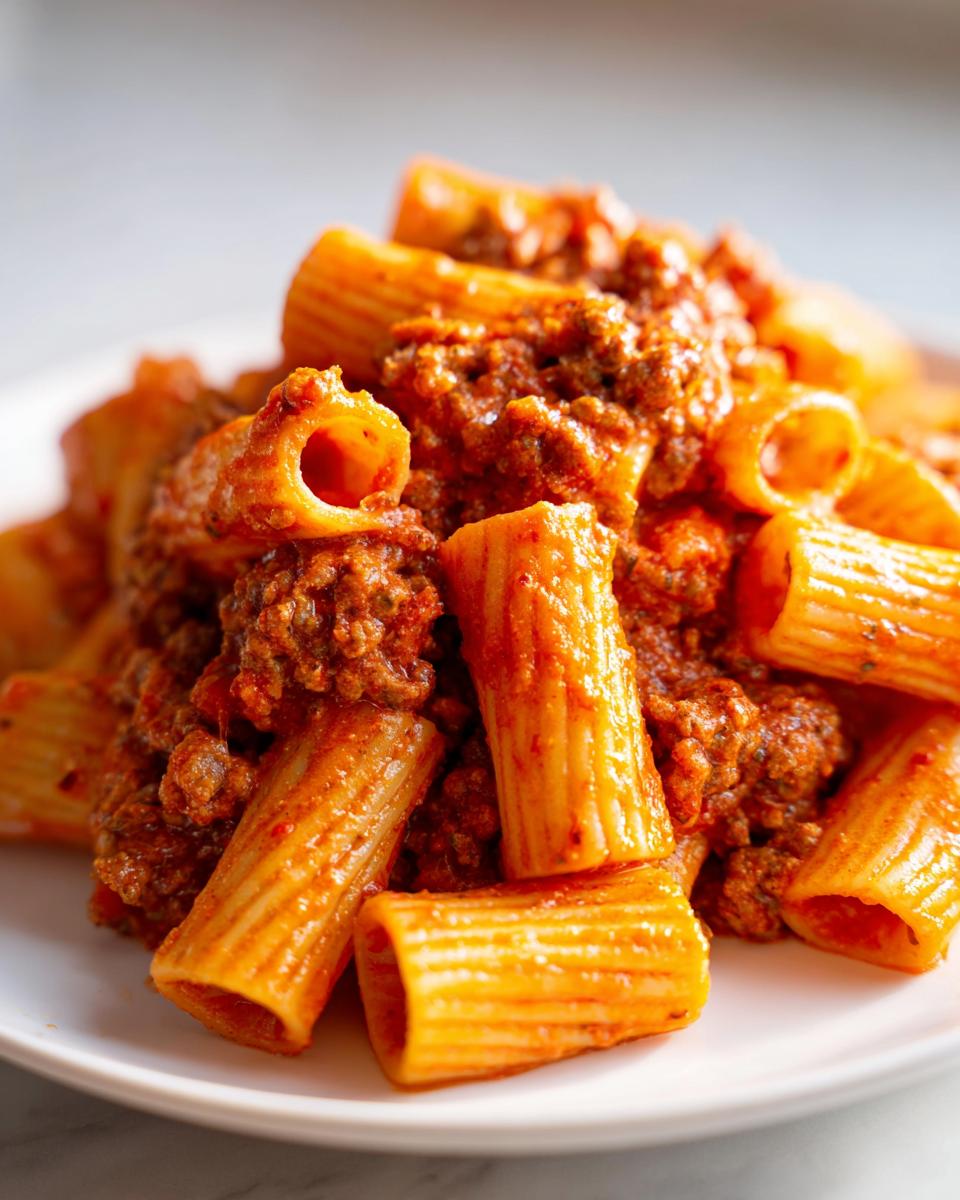 Nahaufnahme von Rigatoni mit Hackfleisch und Tomaten-Sahne Sauce auf einem weißen Teller.