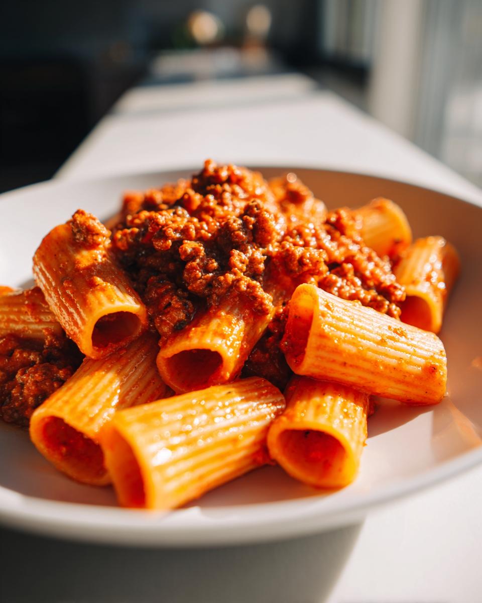 Nahaufnahme von Rigatoni mit Hackfleisch und Tomaten-Sahne Sauce auf einem weißen Teller, appetitlich angerichtet.
