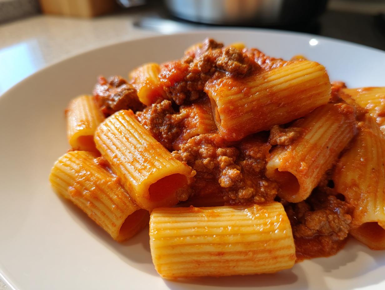 Nahaufnahme von Rigatoni mit Hackfleisch und Tomaten-Sahne Sauce auf einem weißen Teller.