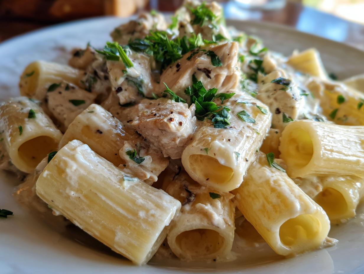 Nahaufnahme von cremigen Rigatoni mit Hähnchenstücken in einer Frischkäsesauce, garniert mit Petersilie.
