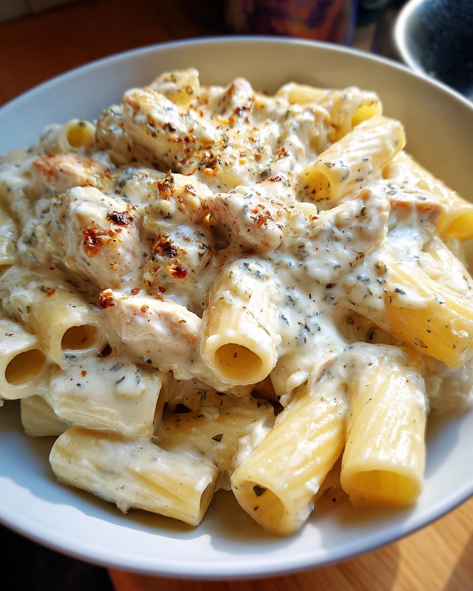 Nahaufnahme von Rigatoni mit Hähnchenstücken in cremiger Schmand-Sauce, bestreut mit Kräutern.